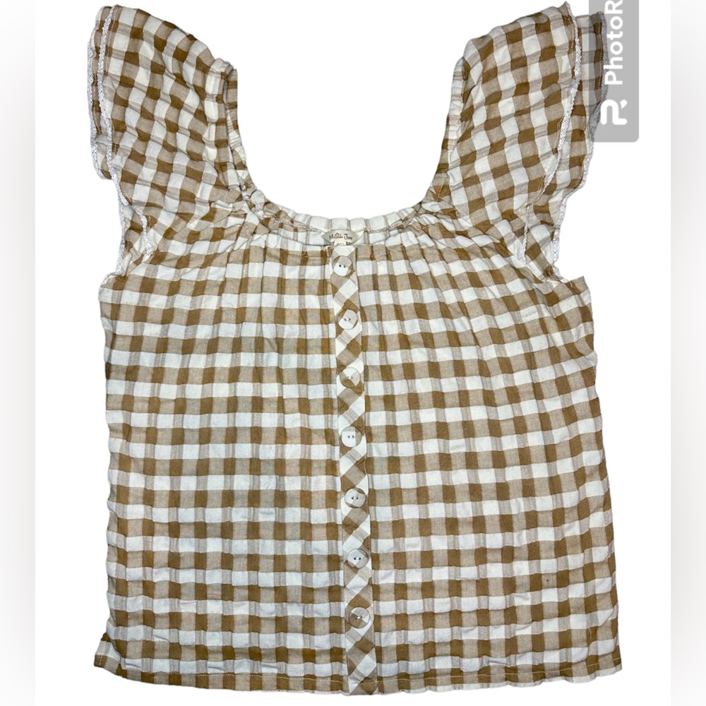 Matilda Jane Cream and Tan Gingham Ruffle Sleeve Tank